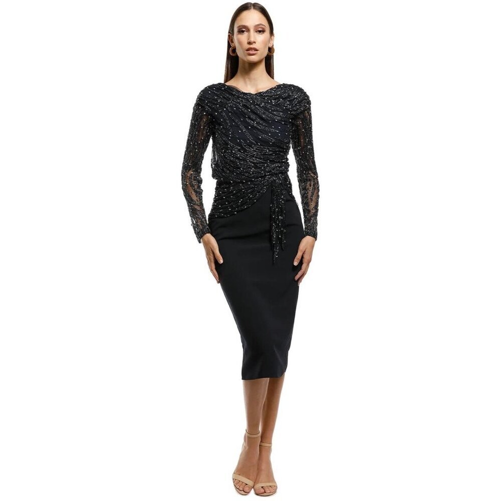 Rachel Gilbert Jamilla Layered Embellished Midi Dress Size 4 Blue $1750